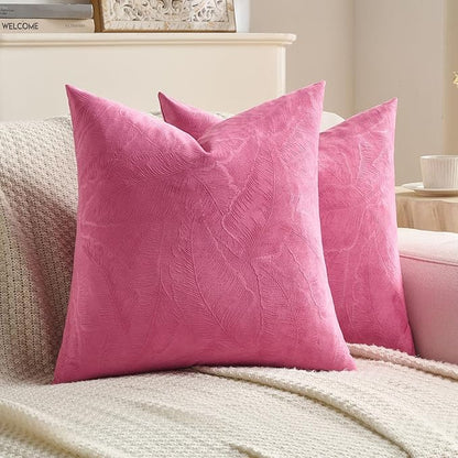 FUTEI Hot Pink Velvet Throw Pillow Covers 20x20 Inch Set of 2,Soft Embossed Leaf-Relief Textured Cushion Cases,Natural Home Decor for Couch Living Room