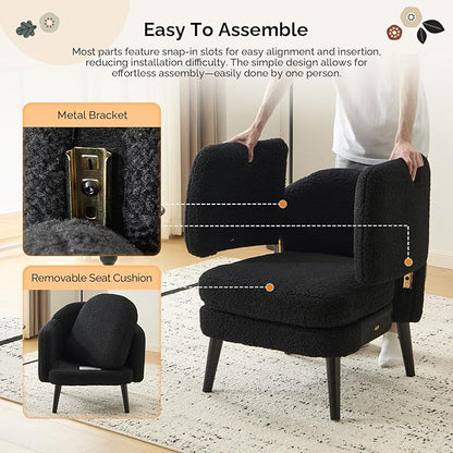 VINGLI 30.3" Wide Modern Barrel Accent Armchairs Set of 2 with Track Armrest, Solid Wooden Legs, Comfy Upholstered Club Chairs, Single Home Sofa for Living Room, Bedroom, Reading,Teddy Fleece Black