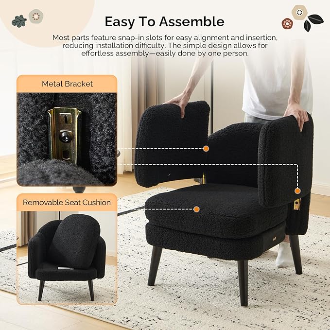 VINGLI 30.3" Wide Modern Barrel Accent Armchair with Track Armrest, Solid Wooden Legs, Comfy Upholstered Club Chair, Round Single Home Sofa for Living Room, Bedroom, Reading Room,Teddy Fleece Black