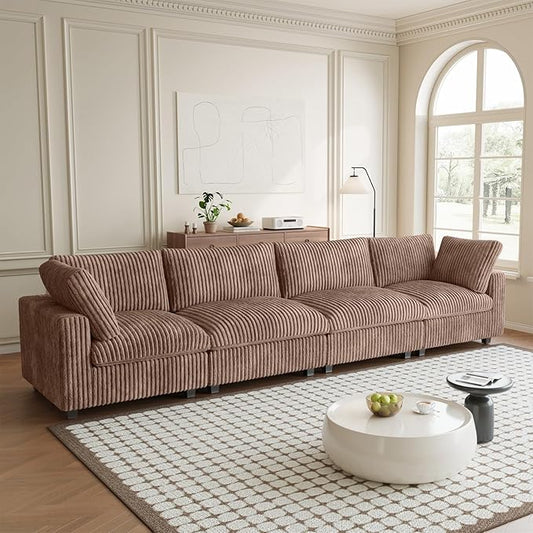 Modular Sectional Sofa, 157.48" Oversized Cloud Couch, 4 Deep Seat Comfy Modular for Living Room, Plush Cushion Covers Removable, Brown