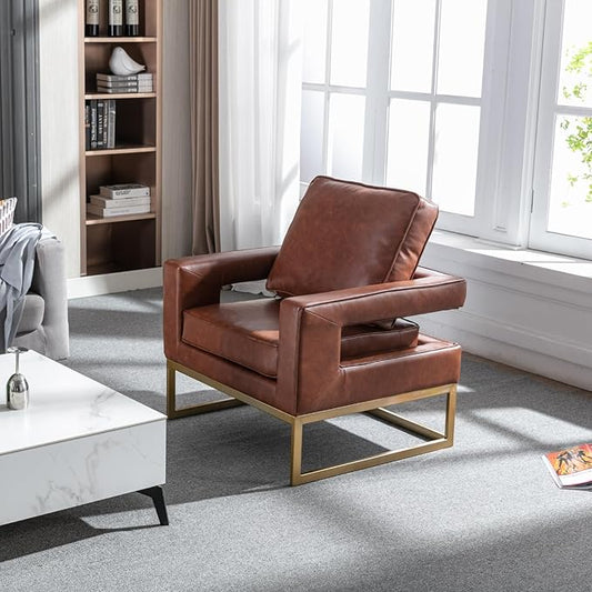 Modern Accent Chair Set of 2, PU Leather Upholstered Side Chair with Backrest, Comfy Armchair Side Chair with Golden Metal Base for Living Room Reception Room, Brown