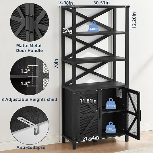 5 Tier Bookshelf 70" Tall Bookcase with Barn Doors,Large Farmhouse Display Book Shelf with Adjustable Shelves and Storage Cabinet， Wood Bookshelves for Living Room,Kitchen,Antique Black(2PCS)