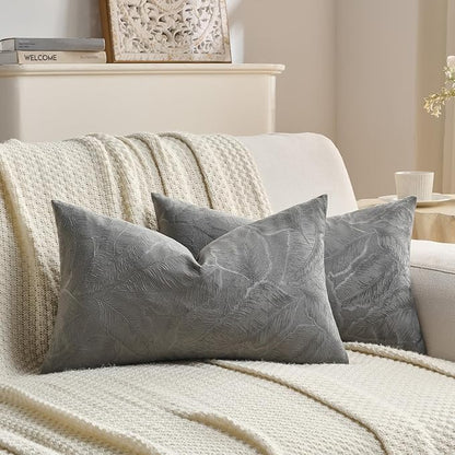 FUTEI Dark Grey Velvet Throw Pillow Covers 12x20 Inch Set of 2,Soft Embossed Leaf-Relief Textured Lumbar Pillow Cases,Natural Home Decor for Couch Living Room