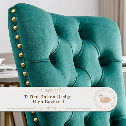 Velvet Upholstered Dining Chairs Set of 4, Modern Style Kitchen Side Chairs with Nailhead Trim and Gold Plated Leg, Metal Pulling Ring for Dining Room Living Room(Green,Set of 4)