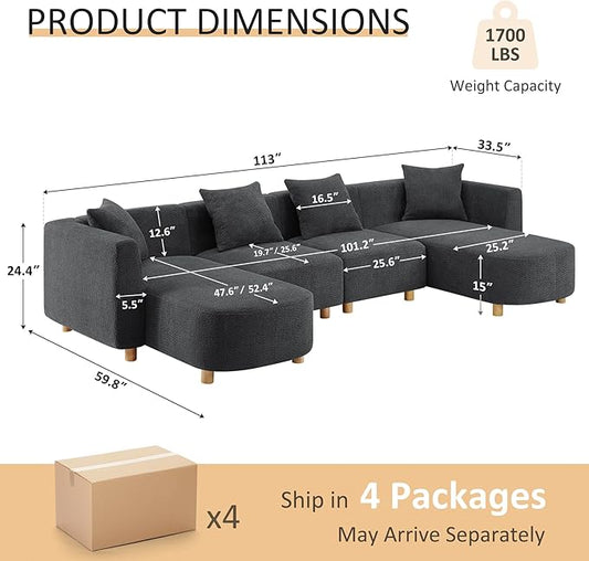 VANOMi 113" Sectional Sofa with 4 Pillows, U-Shaped 4-Seater Comfy Boucle Cloud Couch, Modern Double Chaises Lounge Sofas for Living Room, Office, Apartment (Dark Gray-U)