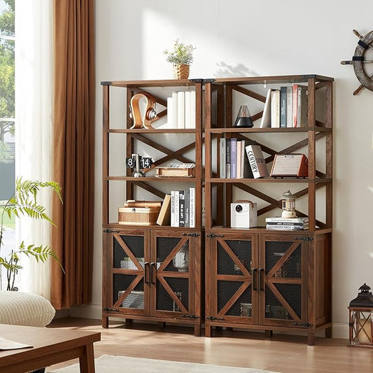 5 Tier Bookshelf 70" Tall Bookcase with Barn Doors,Large Farmhouse Display Book Shelf with Adjustable Shelves and Storage Cabinet，Library Wood Bookshelves for Living Room,Kitchen,Brown