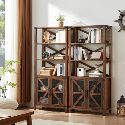 5 Tier Bookshelf 70" Tall Bookcase with Barn Doors,Large Farmhouse Display Book Shelf with Adjustable Shelves and Storage Cabinet,Wood Bookshelves for Living Room,Kitchen,Brown(2PCS)