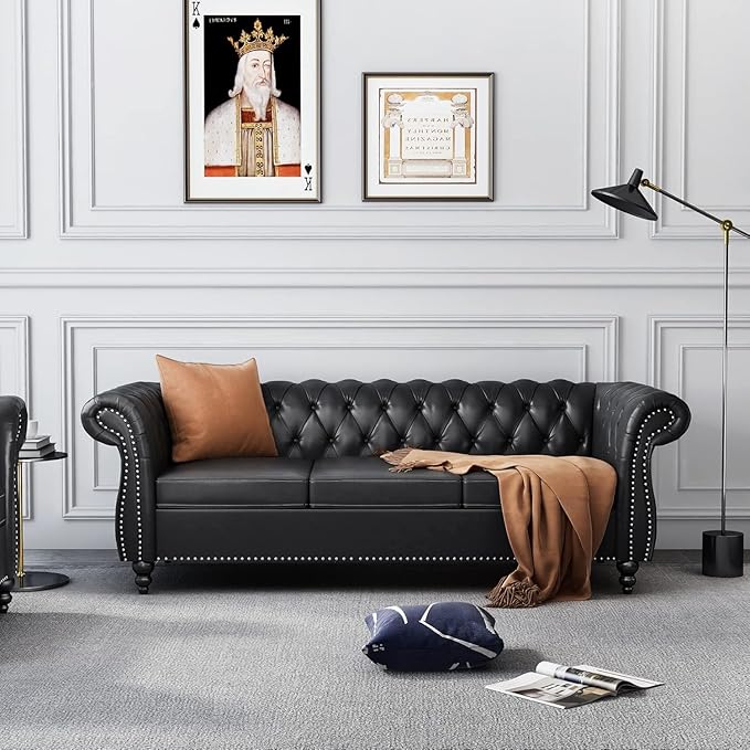 Chesterfield 3 Seater Sofa, Modern Leather Tufted Couch 3 Seater with Rolled Arms and Nailhead Mid-Century Upholstered Couch for Living Room, Bedroom, Apartment and Office, Black