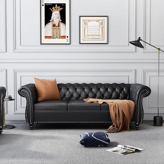 Chesterfield 3 Seater Sofa, Modern Leather Tufted Couch 3 Seater with Rolled Arms and Nailhead Mid-Century Upholstered Couch for Living Room, Bedroom, Apartment and Office, Black