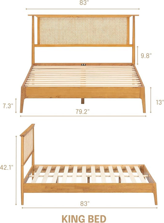 NTC Ruby Wooden Bed Frame with Headboard and Natural Rattan, Solid Oak/Rubber Wood Foundation with Silent Slats, 1000 Lb Capacity, Effortless Assembly - King - Rustic Oak