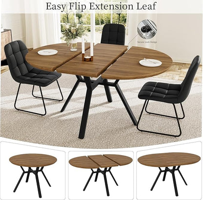 Extendable Round Dining Table Set for 4 People, 43.3"-59.1" Extendable Kitchen Table with 4 Upholstered Chairs, Space Saving for Kitchen Dining Room (Walnut Table+4 U-Shaped Black Chairs)
