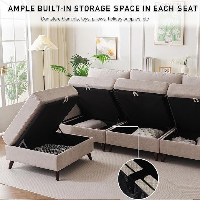 104'' Modular Sectional Sofa with All Seats Storage, Oversized U Shaped Couch for Living Room,3-Seater Comfy Cloud Couches with Movable Ottoman,Big Sectional for Bedroom,Velet,Khaki
