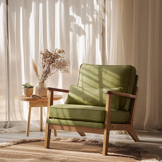 VINGLI Solid Wood Wide Armrests Accent Chair,Upholstered Mid Century Modern Chair with Pillow,Comfy Reading Chair Farmhouse Arm Chair,Chairs Living Room,Bedroom,Guest Room,Linen Fabric,Dark Green