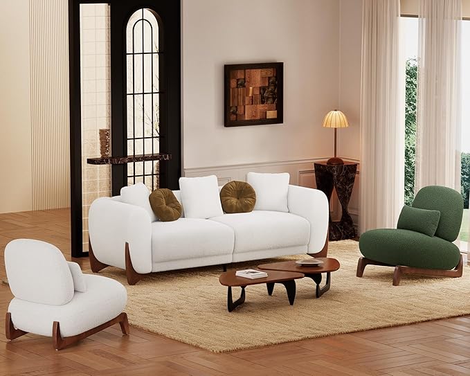 Morden Fort 3 Piece Cloud Couch Set, Modern Sherpa Boucle Sofa with Wood Legs, Skin-Friendly Minimalist Upholstered Comfy Couch Sofa for Living Room, 3-Seater+Off White Chair+Forest Green Chair