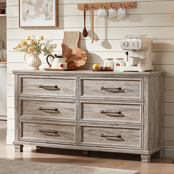 Farmhouse Bedroom Dresser and Nightstand Set of 4, 6 Drawer Tall & Low Dresser & 3 Drawer Nightstand Set with Wooden Legs, Rustic Wood Bedroom Furniture Sets for Livingroom, Hallway, Grey