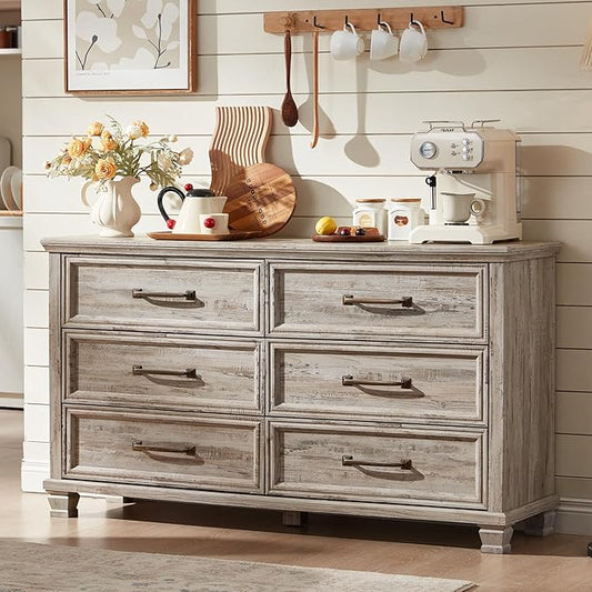 Farmhouse Bedroom Dresser and Nightstand Set of 4, 6 Drawer Tall & Low Dresser & 3 Drawer Nightstand Set with Wooden Legs, Rustic Wood Bedroom Furniture Sets for Livingroom, Hallway, Grey