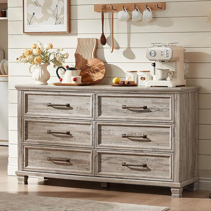 Farmhouse Bedroom Dresser and Nightstand Set of 4, 6 Drawer Low & 5 Drawers Dresser & 3 Drawer Nightstand Set with Wooden Legs, Rustic Wood Bedroom Furniture for Livingroom, Hallway, Grey