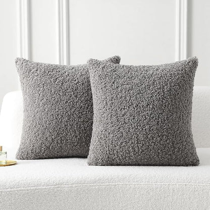 FUTEI Dark Grey Throw Pillow Covers 22x22 Inch Set of 2,Furry Faux Fur Teddy Boucle Textured Cushion Covers,Soft Fluffy Decorative Pillow Case,Home Decor for Couch Bed Living Room Office Car