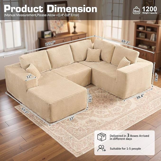Weaxty Cloud Sectional Couch for Living Room, Oversized U Shaped Boneless Couches with Chaise, Plush Corduroy Memory Foam Deep Seat Floor Sofa, No Assembly Required，Beige