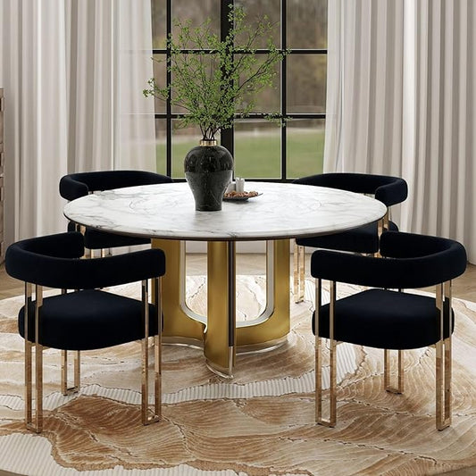 Set of 4 Black and Gold Modern Dining Chairs, Velvet Upholstered Barrel Armchairs with Metal Legs for Kitchen Island, Mid Century Accent Chairs for Dining Room Living Room, Open-Back