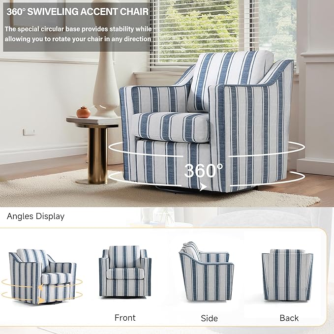 UIXE Swivel Accent Chair, Stripe Fabric Upholstered Arm Chair for Living Room, Modern Club Armchair Comfy Single Sofa Bedroom Reading Seat with Lumbar Pillow - Navy Blue