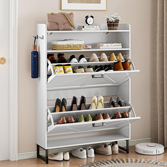 Shoe Storage Cabinet with 2 Flip Drawers, Narrow Wood Shoe Cabinet Storage for Entryway with Metal Legs & Hooks, Adjustable Shelves, Freestanding Shoe Rack Organizer for Foyer, Hallway, White
