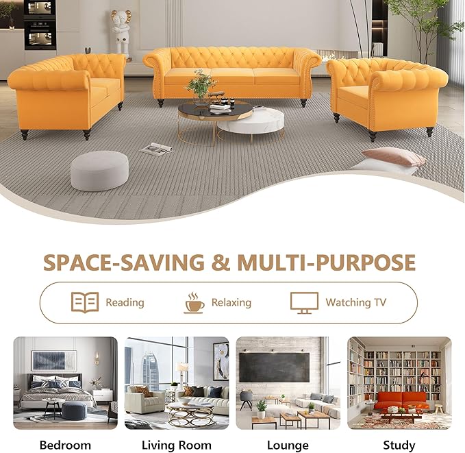 Chesterfield 3 Seater Sofa, Modern Velvet Tufted Couch 3 Seater with Rolled Arms and Nailhead Mid-Century Upholstered Couch for Living Room, Bedroom, Apartment and Office, Yellow