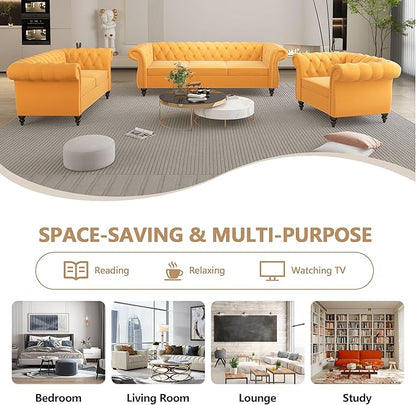 Chesterfield 3 Seater Sofa, Modern Velvet Tufted Couch 3 Seater with Rolled Arms and Nailhead Mid-Century Upholstered Couch for Living Room, Bedroom, Apartment and Office, Yellow