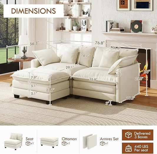 WorthFurni 77 Inch L Shape Cloud Sofa Modular Sectional Couch with Ottoman, Comfy Chenille Deep Seat Loveseat with Pillow for Living Room Bedroom Apartment （Beige）