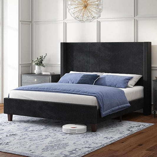 HOWE Queen Size Upholstered Bed Frame, Wingback Platform Bed with 50.8" Headboard, Corduroy/Solid Wood Leg/No Box Spring Needed/Noise Free/Black
