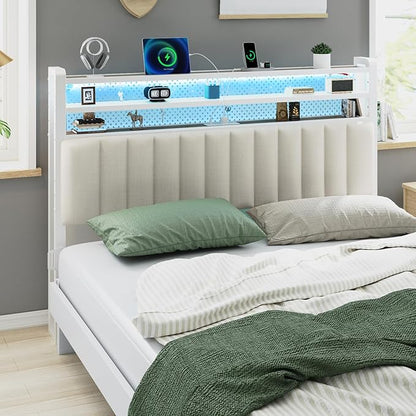 VINGLI Queen Size Headboard Only, Adjustable Upholstered Headboard with 3 Tier Shelves and Pegboard with Charging Stations and LED Lights, Modern Bed Headboard with Storage for Bedroom Decor