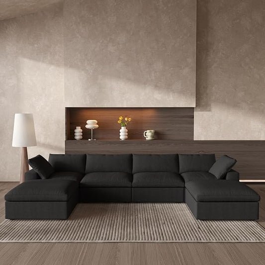 Cloud Couch Modular Sectional Sofa,160.6" Down Filled Sofa with Storage Ottoman,Modern U Shaped Couch 6 Seater, Black Convertible Sectional Sofa for Living Room,Covers Removable & Washable