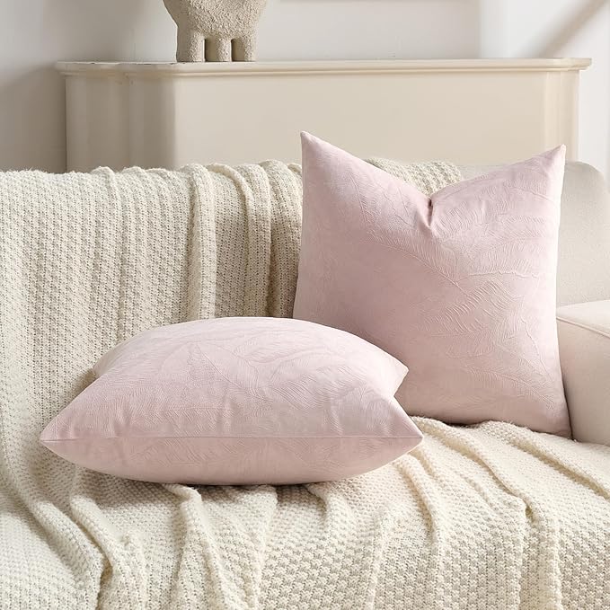 FUTEI Pink Velvet Throw Pillow Covers 26x26 Inch Set of 2,Soft Embossed Leaf-Relief Textured Euro Pillow Shams,Natural Home Decor for Couch Living Room