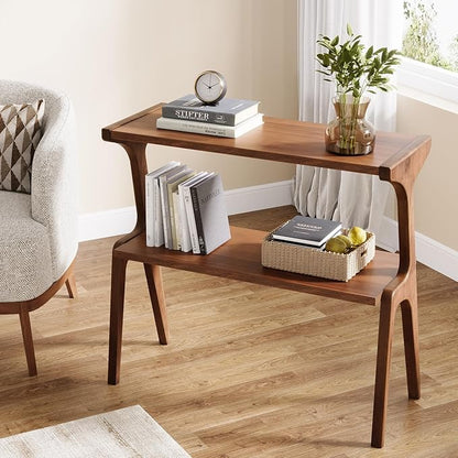 Tribesigns Set of 2 Wood End Table, Farmhouse Narrow Side Table with Storage Shelves, 2-Tier Slim Couch Side Table for Living Room, Long Bedside Table for Bedroom, Small Spaces, Rustic Brown