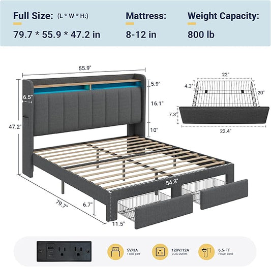 Allewie Vertical Tufted Full Size Upholstered Platform Bed Frame with 2-Tier LED Storage Headboard & 2 Storage Drawers, USB & Type-C Charging Ports, Noise-Free/No Box Spring Needed, Dark Grey