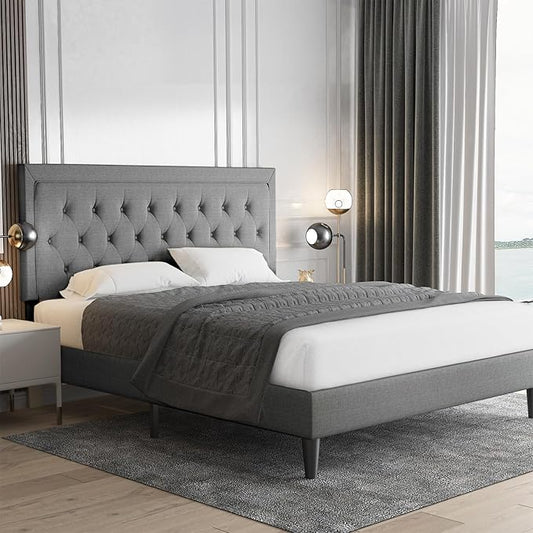 Allewie Full Size Upholstered Platform Bed Frame with Adjustable Headboard, Button Tufted, Wood Slat Support, Easy Assembly, Light Grey