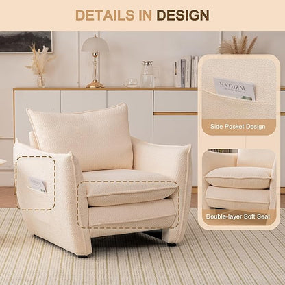 Oversized Accent Chair, Modern Single Sofa Cloud Chairs with Removable Pillow, Deep Seat Comfy Armchair for Living Room Bedroom Reading Nook - Upholstered Lounge Chair (Beige, Set of 2)