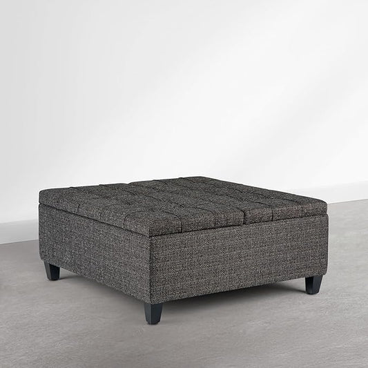 SIMPLIHOME Harrison Coffee Table Storage Ottoman - 36 inch Wide Upholstered Tweed Look Fabric Square Ottoman in Warm Dark Charcoal Melange, Transitional Ottoman for Living Room with Split Lift-Up Lid