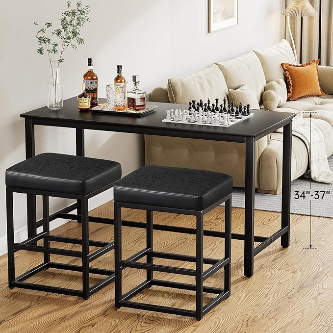 Counter Height Bar Stools Set of 3, 24" Barstools for Kitchen Countertop, Faux Leather Counter Stools with Thick Square Seats & Sturdy Metal Base, Simple Assembly, Brown