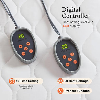 Beautyrest Cotton Heated Mattress Pad - Bed Warmer with 20 Heat Settings Controller, Auto Shut Off Timer, All Around Elastic Deep Pocket, UL Certified, Machine Washable, White Queen
