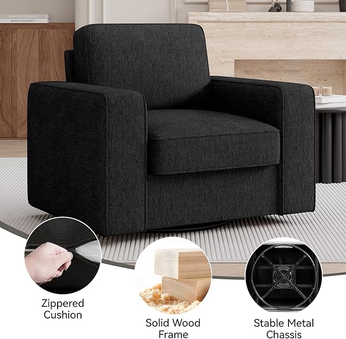 Swivel Accent Sofa Chair Set of 4, Modern Comfy Oversized Upholstered Cushion Back Armchair in Linen 1pcs for Living Room, Bedroom, Reading Room(Black)