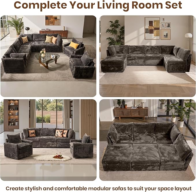 32.7'' Ottoman for Modular Sectional Sofa, Deep Seat Upholstered Footstool for Sofas Set, L/U/V Shaped Plush Corduroy Cloud Couch for Living Room Apartment, Grey