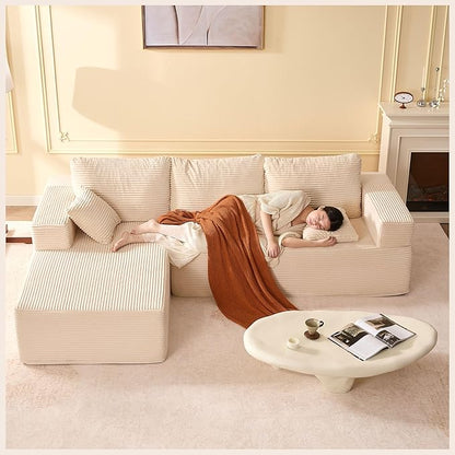 107" Boneless Couch with Deep Seat, Modular Sectional Sofa, Cloud Sectional Couch for Living Room, No Assembly Required, Corduroy, L-Shape Left，White