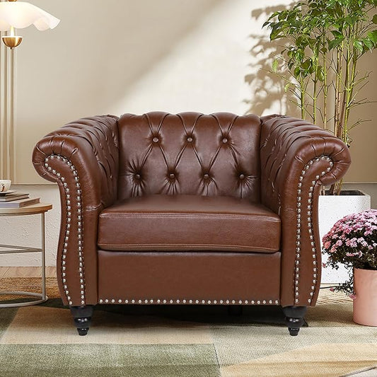 Accent Sofa Chair for Living Room, Modern PU Leather Upholstered Armchair, Oversized Comfy Single Sofa Chair with Cushion, Mid Century Tufted Chesterfield Sofa Couch for Bedroom, Apartment (Brown)