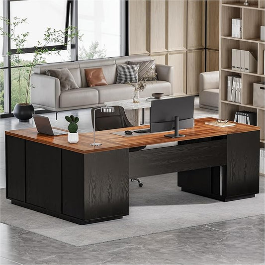 LITTLE TREE 87-Inch Modern Executive Desk with File Cabinet, Large Home Office Desk with Drawers, 3-Drawer Wooden File Cabinet, Spacious Workstation for Home Office (Brown & Black)