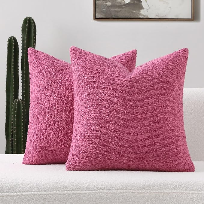 FUTEI Pack of 2 Hot Pink Decorative Throw Pillow Covers 18x18 Inch Soft Cozy Solid Boucle Textured Cushion Case,Modern Home Decor for Couch Bed Living Room