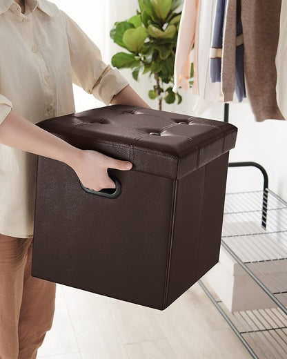 SONGMICS MAZIE Collection - 15 Inches Ottoman with Storage, Footstool, Storage Ottoman with Metal Grommet Handles, Load 660 lb, for Dorm, Living Room, Bedroom, Synthetic Leather, Brown ULSF30Z