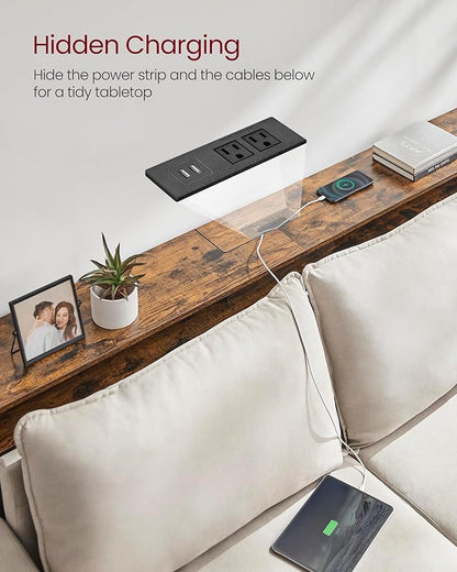 VASAGLE 55.1-Inch Console Table with Outlet and Shelves, Sofa Table with Charging Station, Behind Couch Table Skinny, Entryway Table for Hallway, Living Room, Rustic Brown and Ink Black ULNT120K01