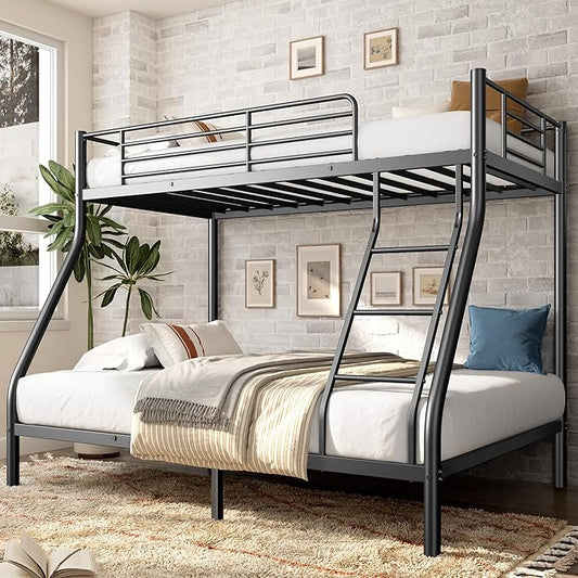 Bunk Beds Twin Over Full Size, Heavy Duty Metal Bunk Bed Frame with Angled Ladder for Teens and Adults, for Spaces-Saving, Smooth Rounded Edges, Noise Free & Easy Assembly, Black