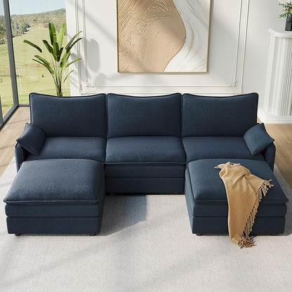 Vesgantti 108" U Shaped Sectional Couch, Comfy Cloud Modular Sectional Sofa with 2 Ottoman Deep Seat Chenille Modern Cloud Sofa, Modular Sofas for Living Room, Bedroom and Apartment, Blue